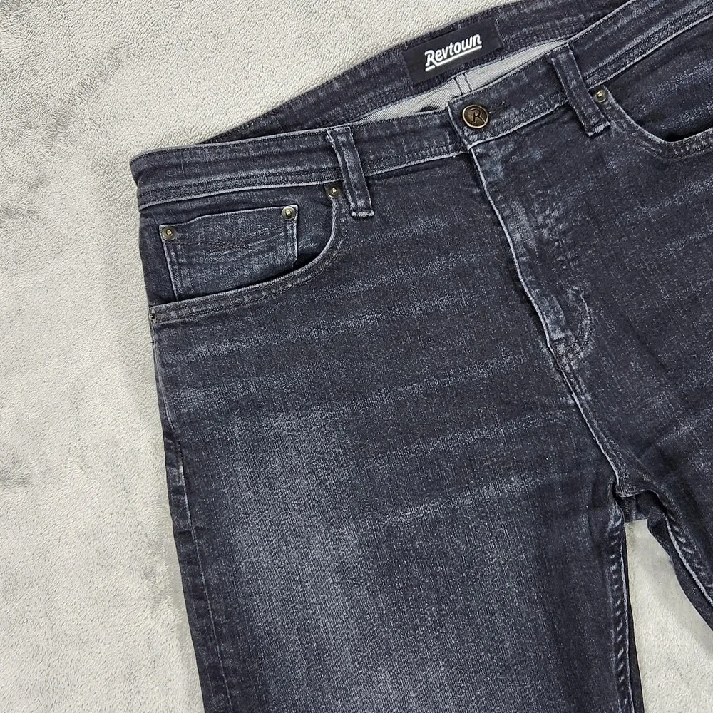Revtown Jeans‎ Mens 35x32 Gray Sharp Slim Straight Dark Wash Stretch Denim